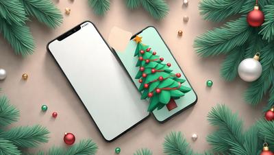The primary subject of the image is a cell phone with a Christmas tree decoration on it. The cell phone is placed on a surface, which could be a table or a bed. The visual style of the image is a combination of photo and digital art, as it appears to be a real cell phone with a decoration on it. The colors and mood of the image are festive and joyful, as the cell phone is decorated with a Christmas tree, which is a symbol of the holiday season.
